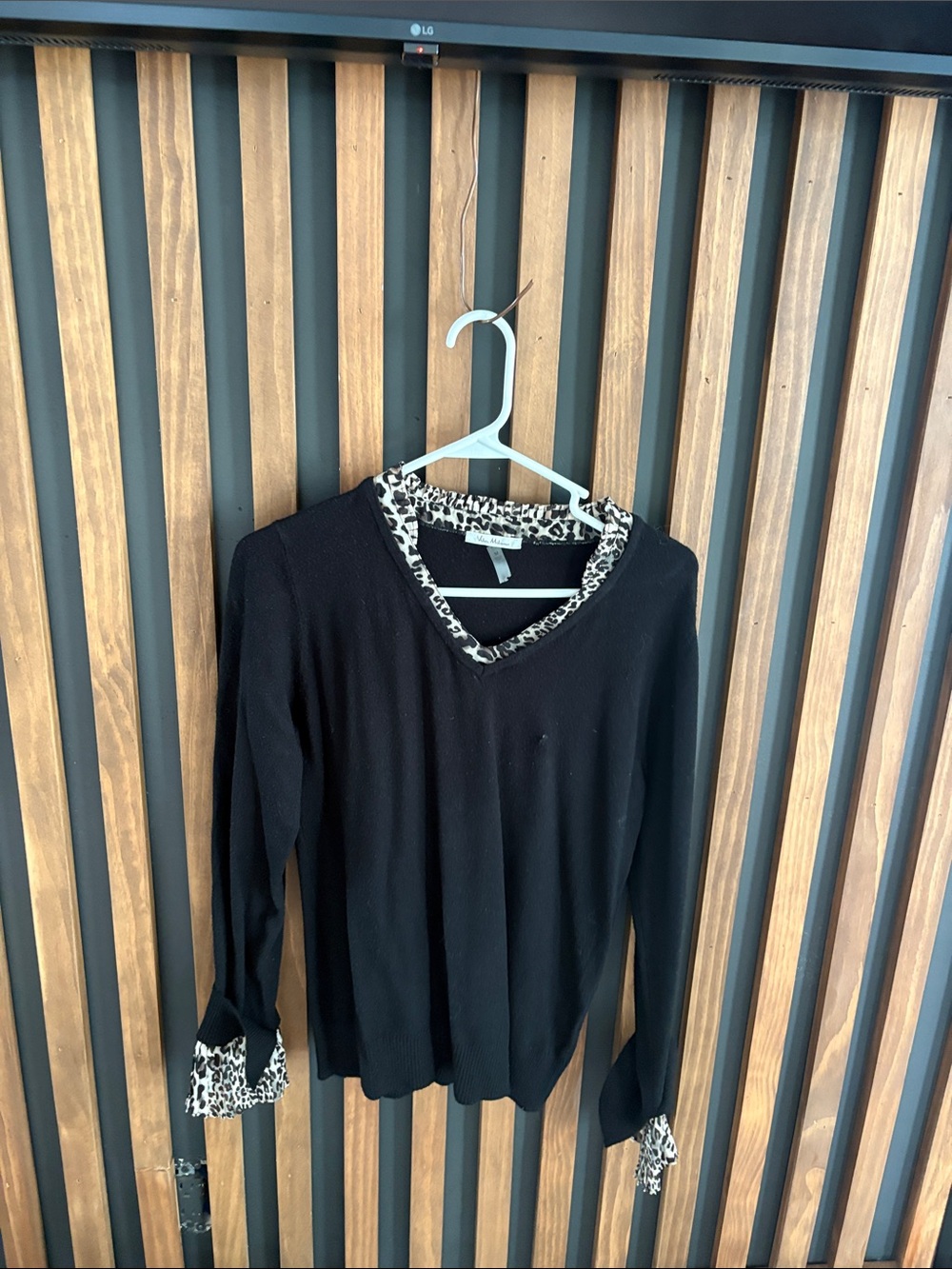 Black V-Neck Sweater with Leopard-Print Trim